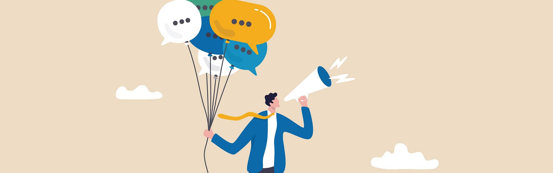 Vector image of businessman holding speech bubble balloons while talking on megaphone. / shutterstock.com